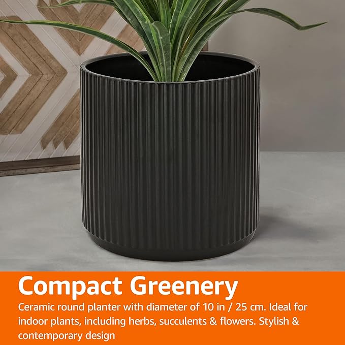 Amazon Basics Fluted Ceramic Round Planter, 10-inch, Black