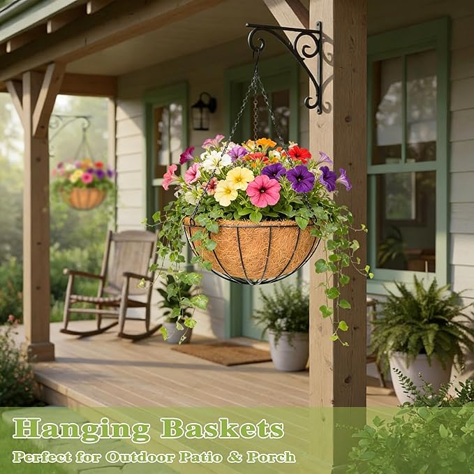 4 Pack 16 Inch Hanging Planters Outdoor Metal Hanging Flower Baskets with Coco Fiber Liners Chain Round Wire Plant Holder Hanging Flower Pots (Watermelon)