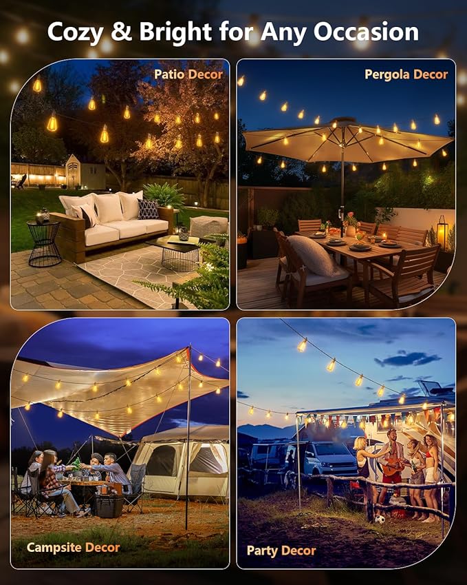 Brightown 52FT Solar String Lights Outdoor Waterproof with Remote, 15+1 LED Shatterproof Bulbs, Dimmable & Timable, 3 Light Modes - Commercial Grade Patio Lights for Garden Backyard Party Decor