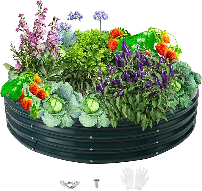 Durable Round Steel Raised Garden Bed Painted for Planting Vegetable/Herbs/Flowers/Trees at Backyard/Garden,or Baby Chicken,Christmas Tree Fence (Dark Green, 60 in Diameter x 12 in high)