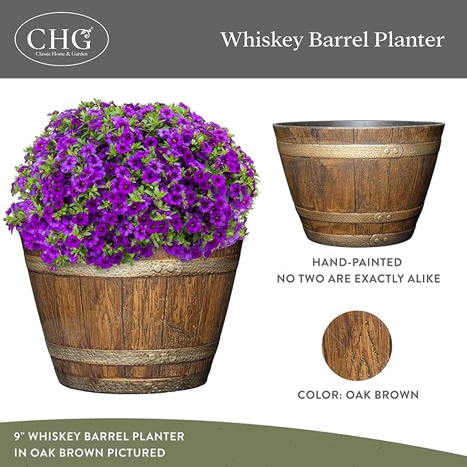 Classic Home and Garden Outdoor Round Whiskey Resin Flower Pot Barrel Planter, Distressed Oak Brown, 20.5" (Pack of 3)