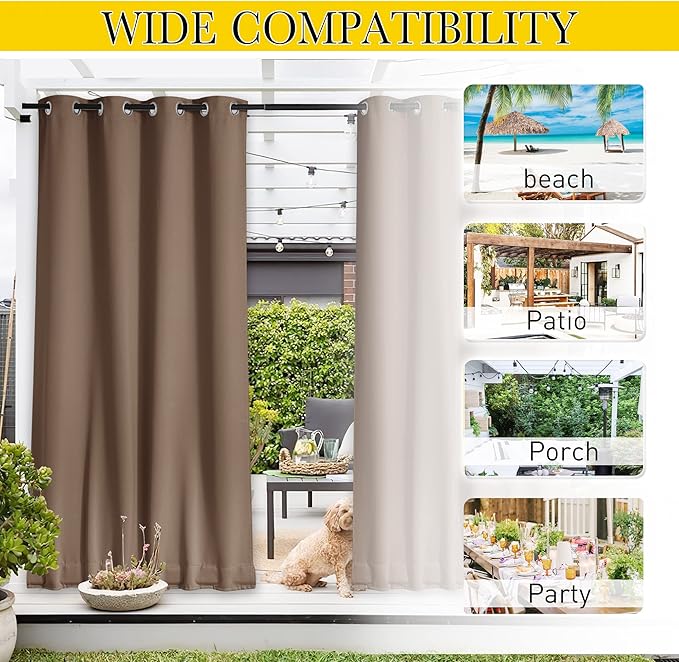 NICETOWN 2 Panels Blackout Patio Waterproof Outdoor Curtains, Thermal Insulated Top & Bottom Grommet & Back Tab Wind-Break Drapes Privacy for Pergola with Fixed Ropes, W52 x L72, Tan-Khaki