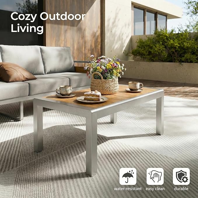 ZANDOR Aluminum Outdoor Patio Conversation Furniture Set, 4 PCS Metal Modern Outside Sectional Lawn Furniture with Coffee Table & Washable Thick Cushions,Seating Sofa for Garden/Backyard/Porch Silver