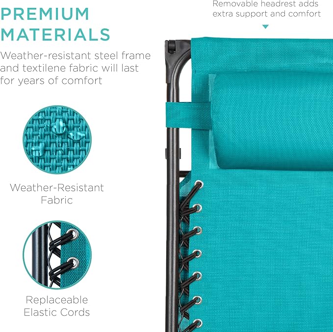 Best Choice Products Folding Zero Gravity Outdoor Recliner Patio Lounge Chair w/Adjustable Canopy Shade, Headrest, Side Accessory Tray, Textilene Mesh - Peacock Blue