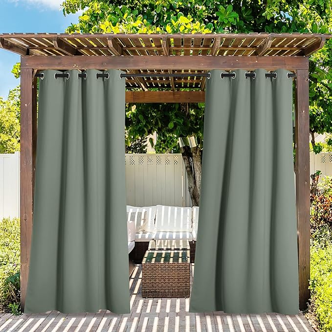 NICETOWN 2 Panels Sage Green Blackout Indoor & Outdoor Curtains for Patio Waterproof, Light Blocking Thermal Insulated Window Treatments for Front Porch/Canvas/Bathroom, W52 x L84