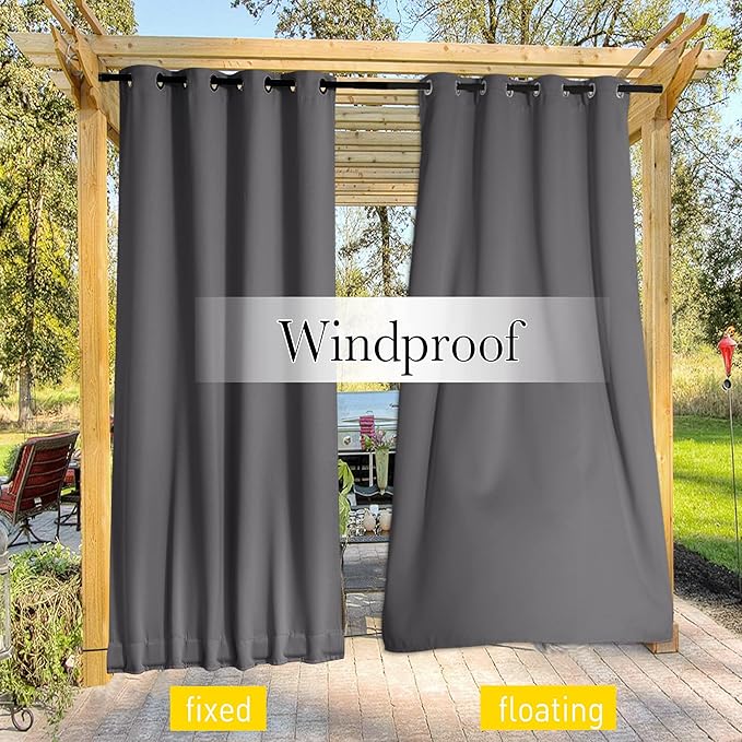 NICETOWN 2 Panels Outdoor Curtains for Patio Waterproof & Windproof, Extra Wide Grommet & Back Tab on Top & Bottom Thermal Insulated Sun Blocking Drapes with Rope for Gazebo, Grey, W100 x L108