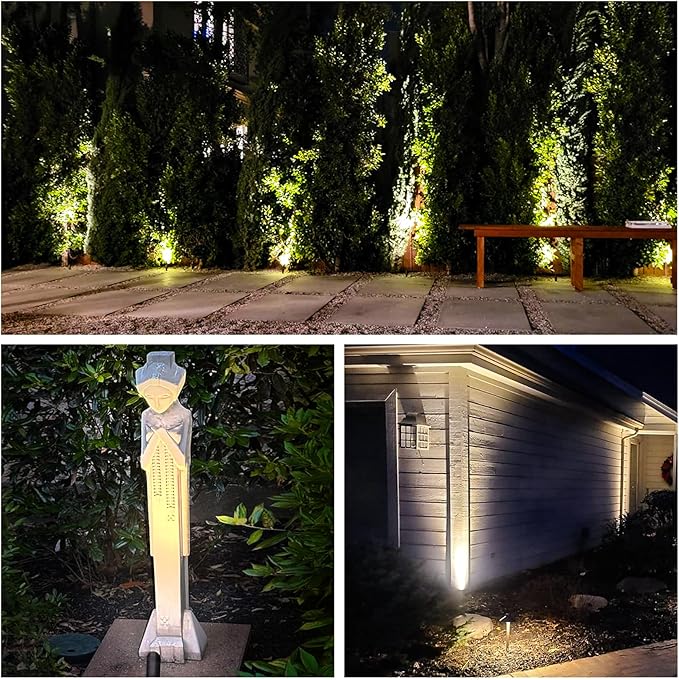 GKOLED 6 Pack Mini Size Brass Landscape Spotlight, Low Voltage 12V AC/DC Outdoor Directional Up Light, 180 LM, 3W MR8 LED Bulb ABS Ground Stake, 2700K Warm White, Garden Patio Trees Spot Uplight