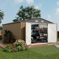 Devoko 10x14 FT Outdoor Storage Shed, Large Metal Storage Sheds with Lockable Door, Utility Garden Tool Shed with Sloping Roof, Outside Steel Storage Sheds for Patio Lawn Backyard, Brown