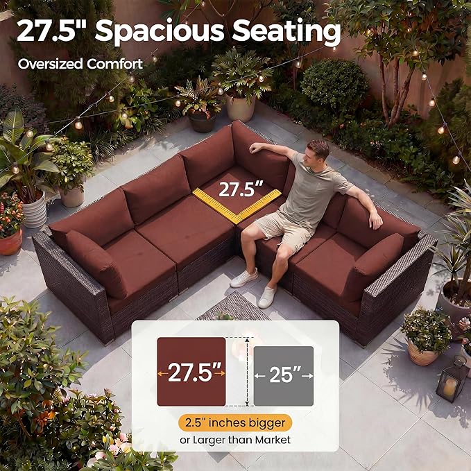 NICESOUL 9 Pcs Large Patio Furniture Set with Fire Pit Propane/Natural Gas, 29.3'' High Back Wicker Outdoor Sectional for 8 People, Modular Deep Sofa Conversation Sets, Brown Rattan and Red Cushion