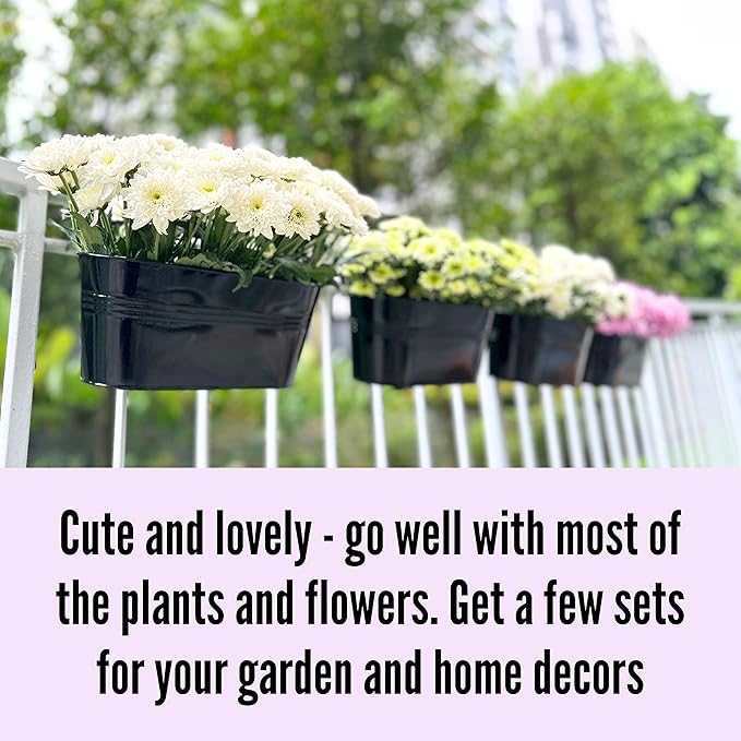 LaLaGreen Rail Planter Outdoor Plants(11.8 Inch, 15 Pack) Black Metal Iron Hanging Flower Pots Deck Railings Fence Buckets Modern Countryside Boho Style Wall Mount Window Box Plant Holder Porch Decor