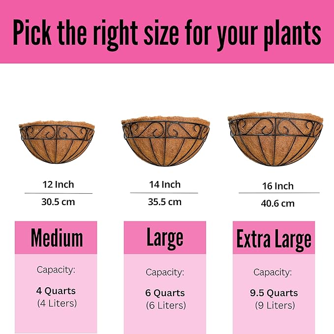 LaLaGreen 16 Inch Wall Hanging Planters - 2 Pack, Large Wall Mounted Flower Basket with Coco Liner, Black Metal Horse Trough Window Herb Pot Holder Outdoor Plants Fence Rail Railing Deck Porch Balcony