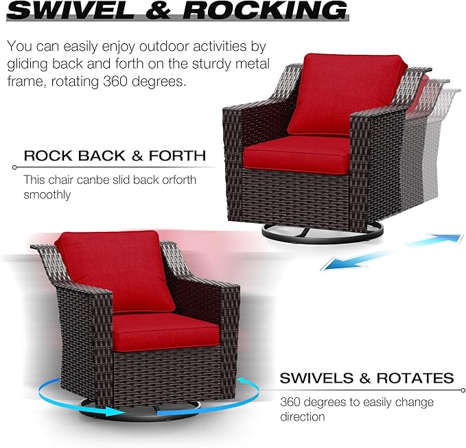 Joyside Wicker Patio Furniture Sets, 10 Pieces Upgraded Large Size Outdoor Furniture with 4 Swivel Rocking Patio Chairs, 3-Seat Sofa, Outdoor Ottoman, Thick Cushions, Wide Armrest, Red