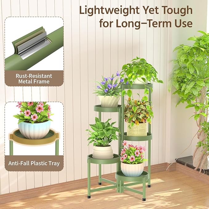 LASZOLA 5 Tiered Folding Plant Stand Indoor for Multiple Large Planter, Tall Heavy Duty Adjustable Rack with Rust Proof Plastic Shelving, Sturdy Vertical Tree Organizer for Narrow Inside Floor, Green