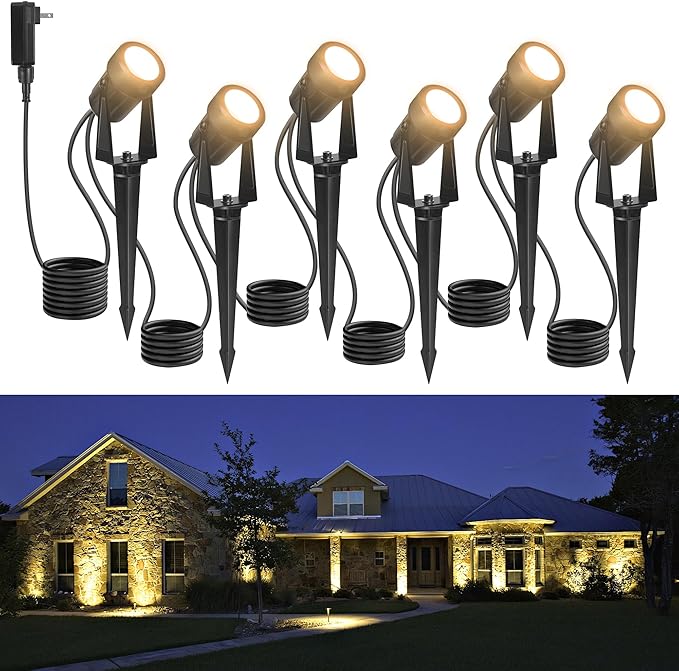 Outdoor Landscape lighting Low Voltage, 65.6FT Wired LED Spot light with Plug-in Transformer, IP65 Waterproof Outside Uplight 18W 1800LM for Yard Garden Tree Pathway House, Warm White 3000K, Pack of 6