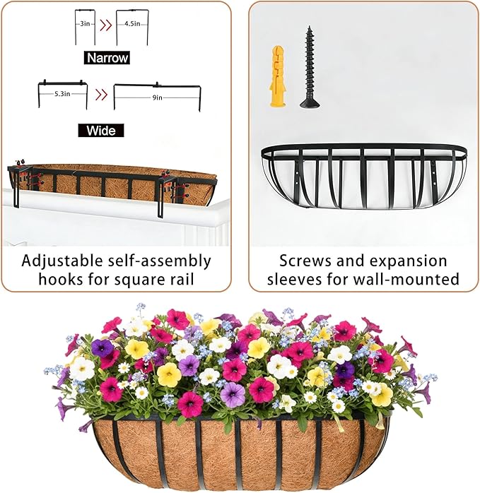 24'' Window Box Railing Planter with Coco Liner,2 Pack Horse Trough Planters Black Metal Hanging Flower Planters Basket for Porch Fence Patio Indoor Outdoor Lawn