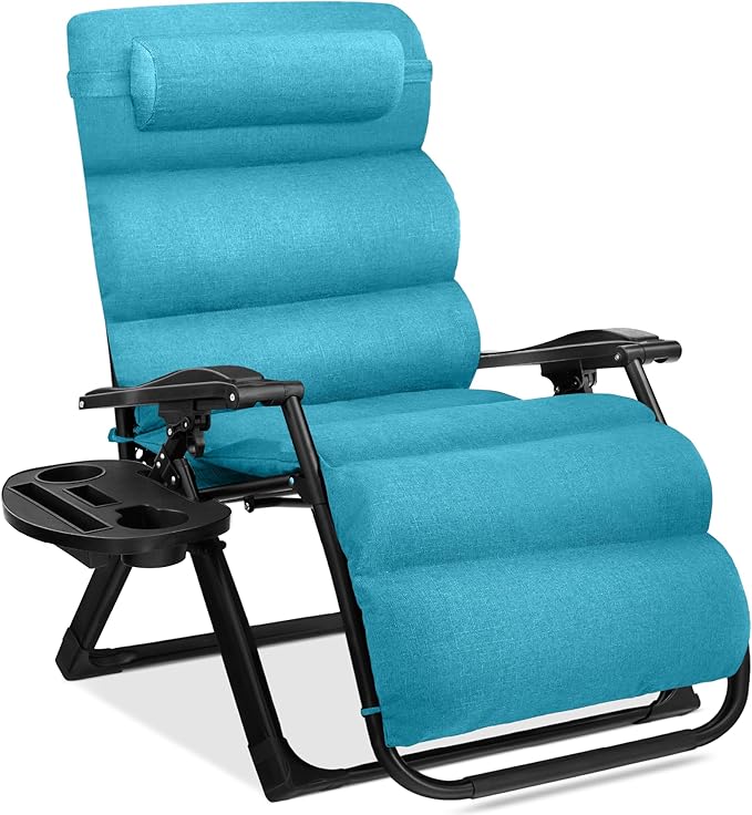 Best Choice Products Oversized Zero Gravity Chair, Folding Outdoor Patio Recliner, XL Anti Gravity Lounger w/Removable Cushion, Cup Holder, Side Tray, 350lb Capacity - Light Blue