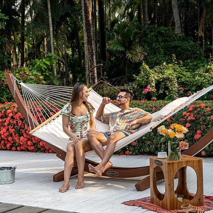 Lazy Daze Hammocks 12 FT Double Quilted Fabric Hammock with Spreader Bar and Detachable Pillow, 2 Person Hammock for Outdoor Patio Backyard Poolside, 450lbs Weight Capacity, Natural
