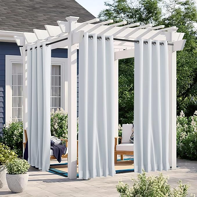 NICETOWN 2 Panels Outdoor Curtains for Patio Waterproof with Grommet & Back Tab on top and Bottom, Windproof Privacy Sound & Light Reducing for Gazebo with Fixed Rope, W46 x L63, Greyish White