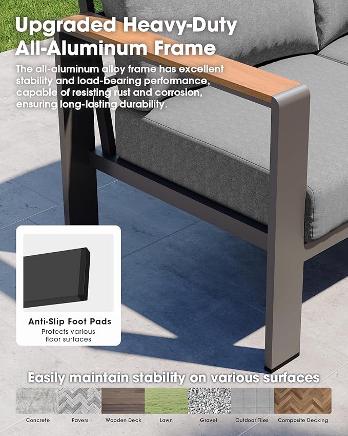 Outdoor Aluminum Patio Furniture Set 11 Seats, Patio Sectional Corner Couch Set with Washable Thick Cushions & Coffee Table, Patio Conversation Sets for Porch, Backyard, Garden, Deck, Gray
