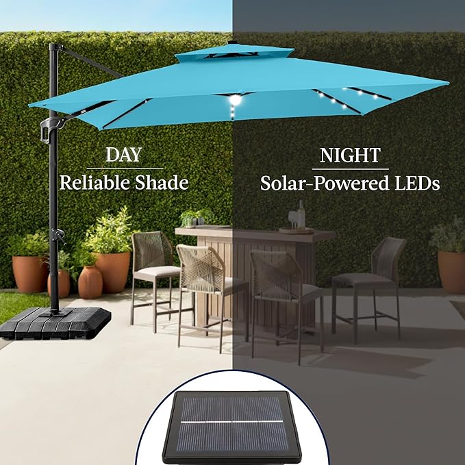 Best Choice Products 9x12ft LED Cantilever Patio Umbrella w/Base Included & 360° Rotation, Large Solar Offset Hanging Outdoor Sun Shade for Deck, Backyard Table w/Stand & Lights – Sky Blue