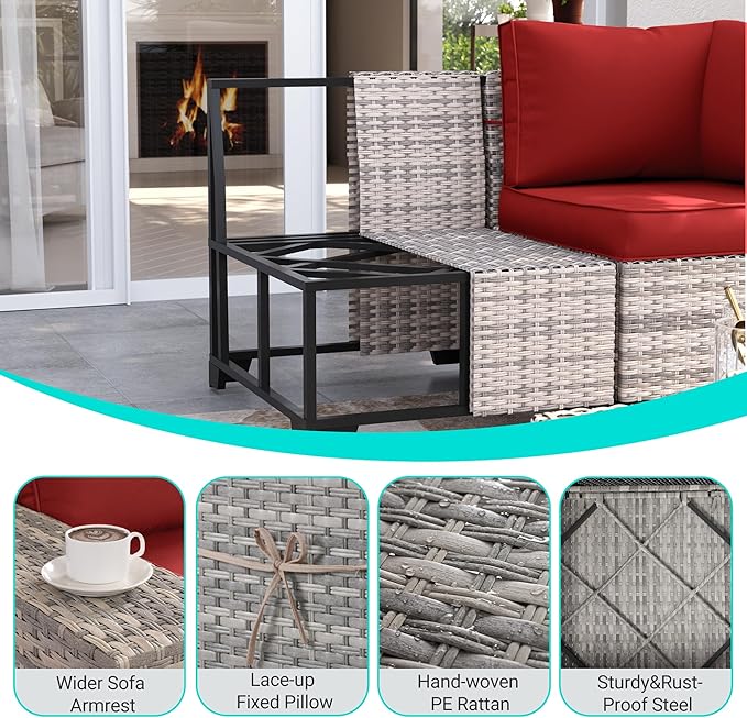 6-Piece Outdoor Patio Furniture Set Wicker Sectional Sofa Set, Patio Conversation Set with Thickened Cushions & Coffee Table for Garden, Backyard, Poolside, Red