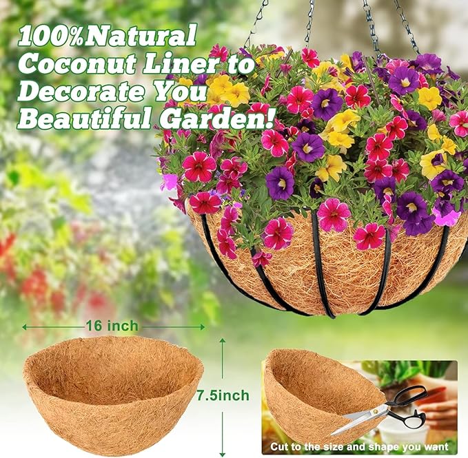 Y&M 4PCS 16" Round Coconut Fiber Liner Pre-Formed Replacement for 16'' Hanging Basket