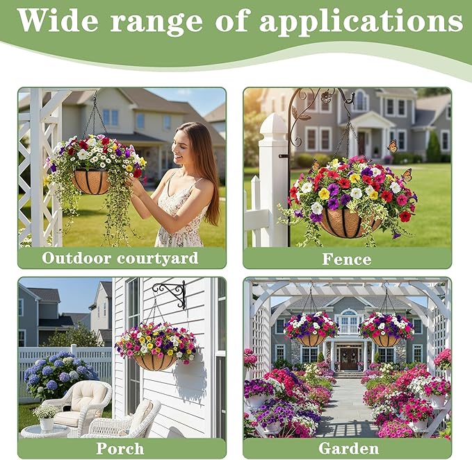 Black Flat Iron Metal Hanging Planter Basket with Coco Coir Liner(2 Pack, 12 Inch) Hanging Planters for Outdoor Plants Round Plant Flower Pots Hanging Flower Basket for Outdoor Patio Garden Decoration