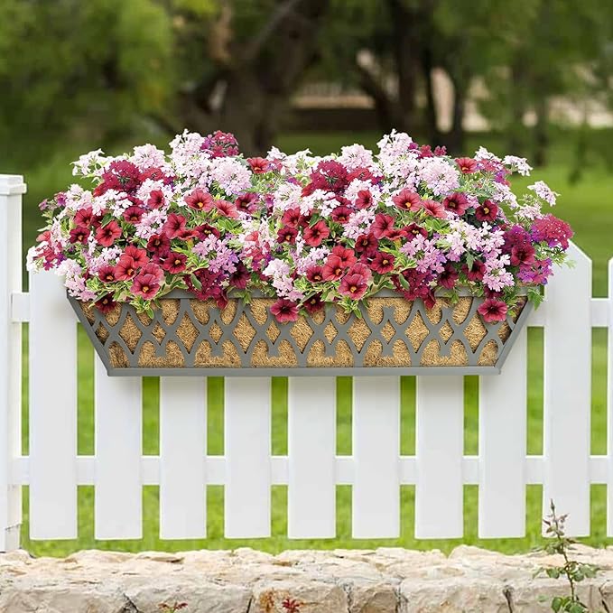 6 Pack 24 Inch Window Boxes Planters Railing Planter Box with Adjustable Brackets for Porch Fence Patio Balcony Hanging Flower Baskets with Coco Liners for Outdoor Garden Decor - Dark Grey