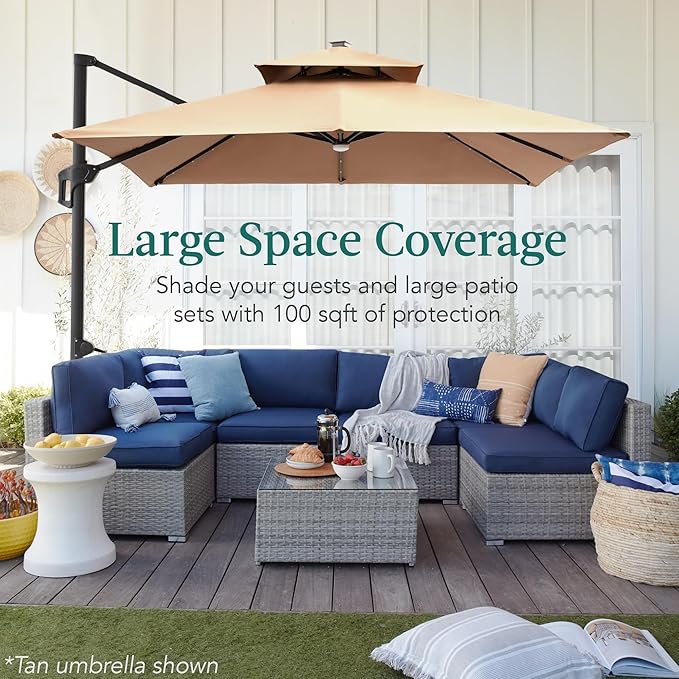 Best Choice Products 10x10ft Cantilever Patio Umbrella w/Base Included, Solar LED Lights 360 Rotation Large Offset Hanging Outdoor Shade for Deck Pool Backyard w/Stand – Baby Blue