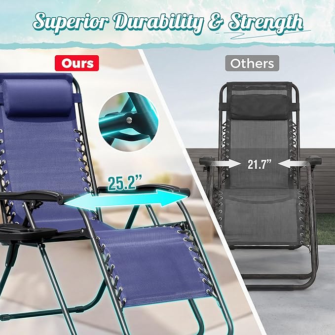 Homall Zero Gravity Chair Patio Folding Lawn Outdoor Lounge Gravity Camp Reclining Lounge Chair with Cup Holder Pillows for Poolside Backyard and Beach Set of 2 (Blue)