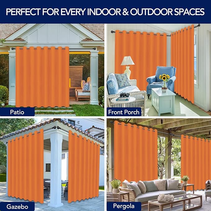 PureFit Outdoor Curtains for Patio Waterproof Weatherproof, UV Resistant Outside Curtains for Gazebo, Front Porch, Pergola, Sun Blocking Privacy Curtain, 120W x 95L inch, 1 Panel, Orange