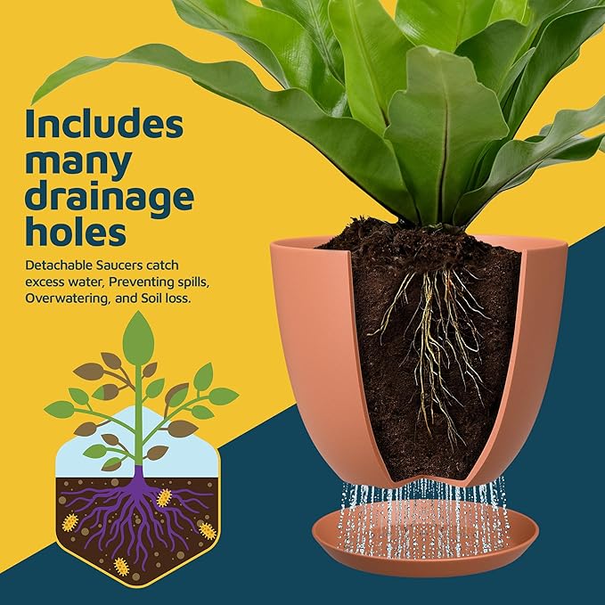 Terracotta Plant Pots with Drainage Holes & Saucers 15 Pack, Indoor & Outdoor Stackable Space-Saving Planters for Houseplants & Flowers, (7", 6.7", 6", 5.3", and 4.8" Inches), Durable & Weatherproof