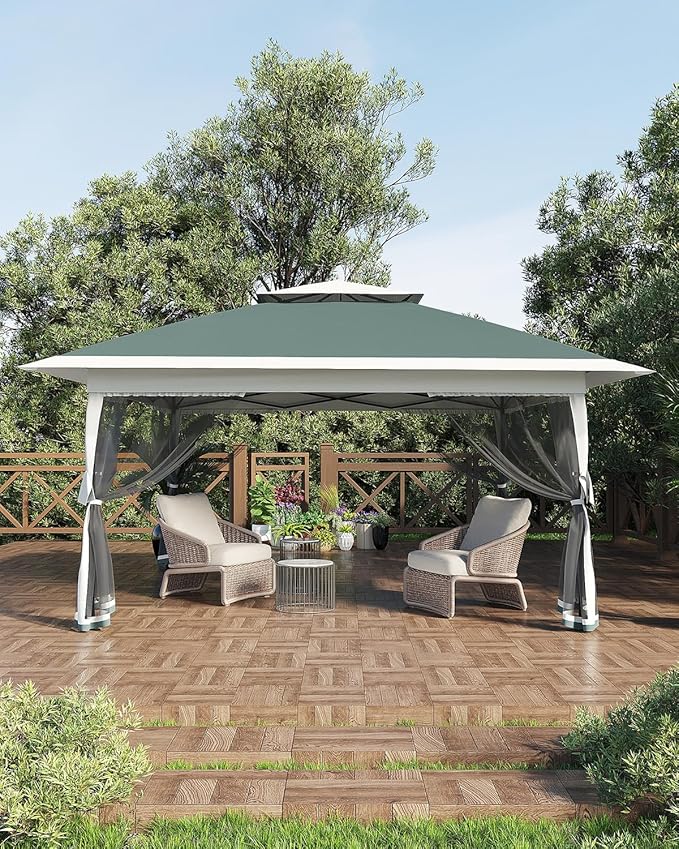 Canopy Tent 13x13 ft, Pop Up Gazebo One-Push Setup with 4 SandBags for Backyard Parties and BBQs, Mosquito Netting & Height Adjustable - Green