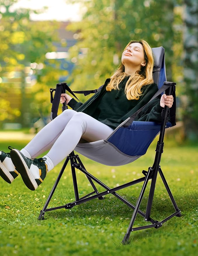Hammock Camping Chair - 3 Heights Portable Hammock Chair Camping with Adjustable Backrest, Headrest, Padded Seat, Cup Holder - 450 LBS Heavy Duty