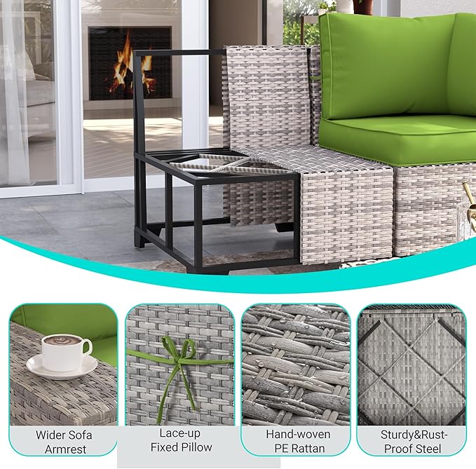 13-Piece Outdoor Patio Furniture Set with Rocking Swivel Chair, PE Wicker Rattan Sectional Sofa Patio Conversation Set with 55,000 BTU Fire Pit Table & Coffee Table, Avocado Green