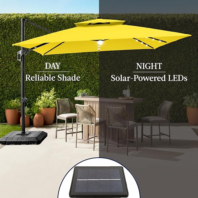 Best Choice Products 9x12ft LED Cantilever Patio Umbrella w/Base Included & 360° Rotation, Large Solar Offset Hanging Outdoor Sun Shade for Deck, Backyard Table w/Stand & Lights – Yellow