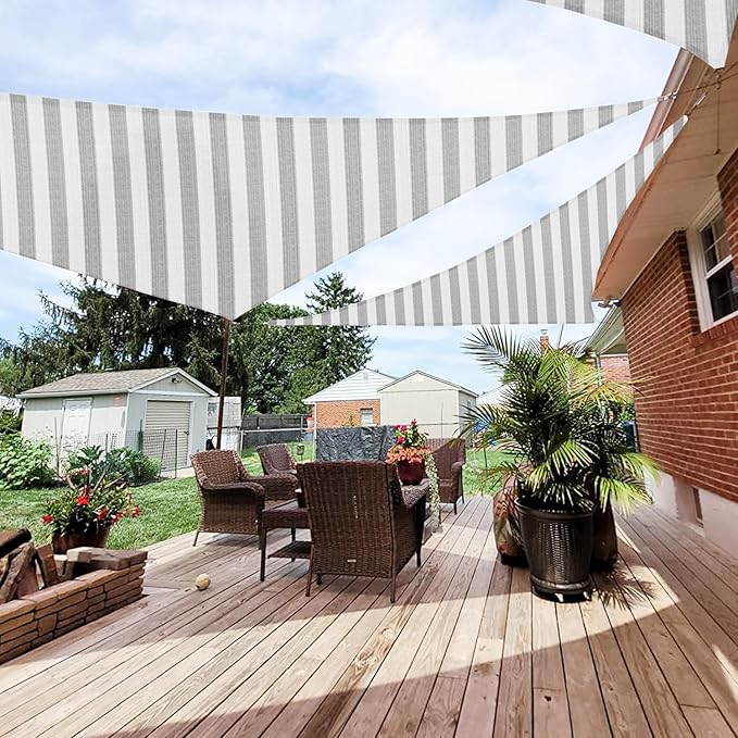 Patio Paradise 18' x 18' x 18' Sun Shade Sail Triangle Canopy Shade Cloth Fabric Sunlight Block Patio Pergola Cover HDPE Deck Awning for Outdoor Backyard Roof Shading, Gray White Strip