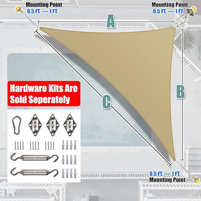 Amgo 16' x 16' x 22.6' Beige Right Triangle Sun Shade Sail UPF50+ Canopy Awning AGSLT, 95% UV Blockage, Water & Air Permeable, 200GSM Heavy Duty Commercial and Residential (We Make Custom Sizes)