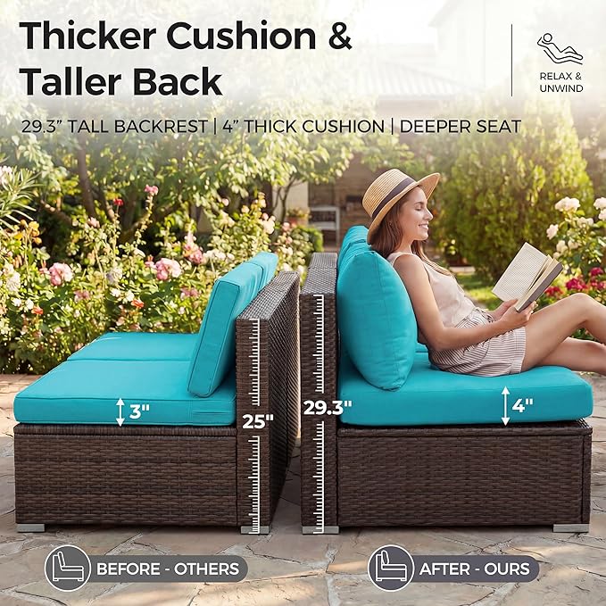 NICESOUL 9 Piece Large Outdoor Patio Furniture Set with Fire Pit Propane/Natural Gas, 29.3'' High Back Comfy Rattan Modular Sectional for 8, Deep Seat Conversation Sets, Brown Rattan and Teal Cushion