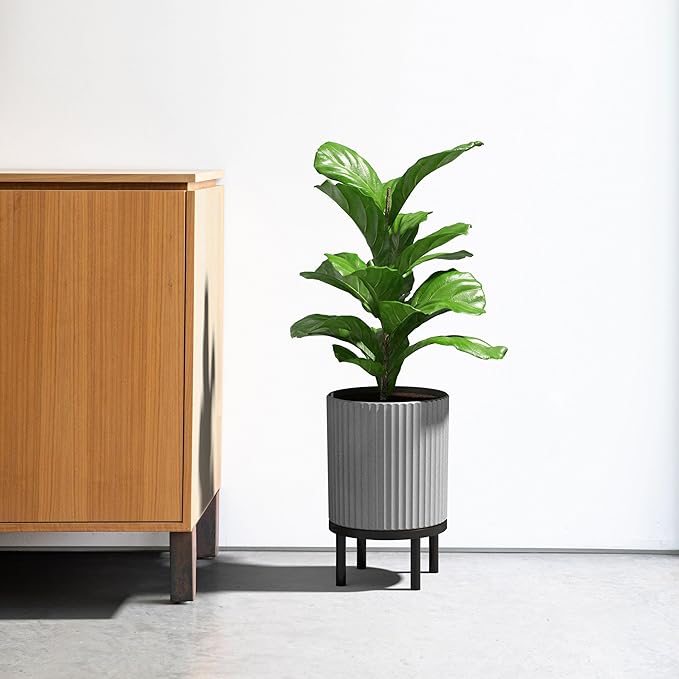 Veradek Demi Series Round Planter w/ Stand for Porch/Patio | Durable Plastic-Concrete & Wooden Stand | Modern Décor for Tall Plants, Flowers
