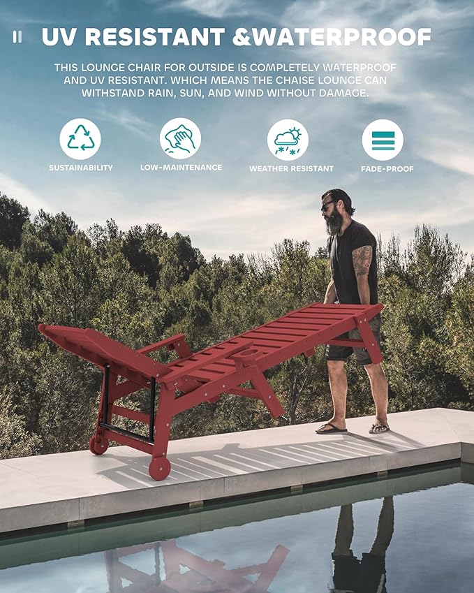 SERWALL Patio Chaise Lounge Chair Set of 4, 5 Positions Adjustable Poly Outdoor Lounger for Pool, HDPE Lounge Chair with Rolling Wheels & Cup Holder for Poolside, Deck, Dark Red
