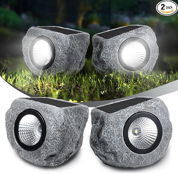 Solar Rock Lights Outdoor 2 Pack, Bright Solar Spotlights Outdoor Waterproof, Wireless LED Rock Lights, Auto On/Off Landscape Spotlights Walkway Solar Lights for Outside Yard Patio Pathway Flowerbed