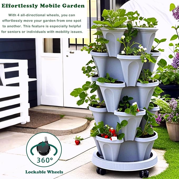 7 Tiered Strawberry Planters 3 Pack, Vertical Stackable Planter, Herb Stacking Tower Garden, Flower and Vegetable Planters with Support Pole Indoor & Outdoor with Removable Wheels - White