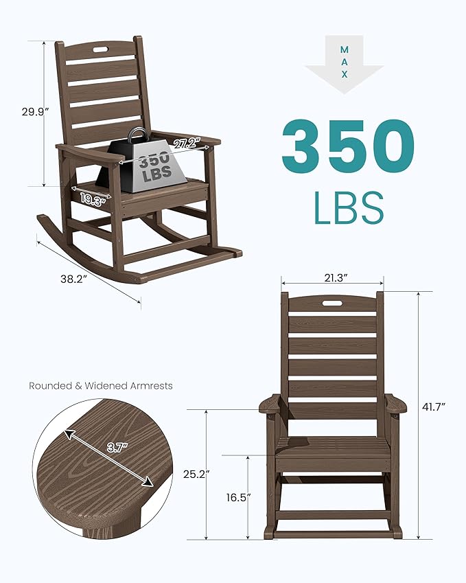 SERWALL Outdoor Rocking Chair, Oversized Rocking Chair with Footrest for Adults, HDPE All Weather Resistant Rocking Chairs for Patio, 350lbs Weight Capacity, Coffee