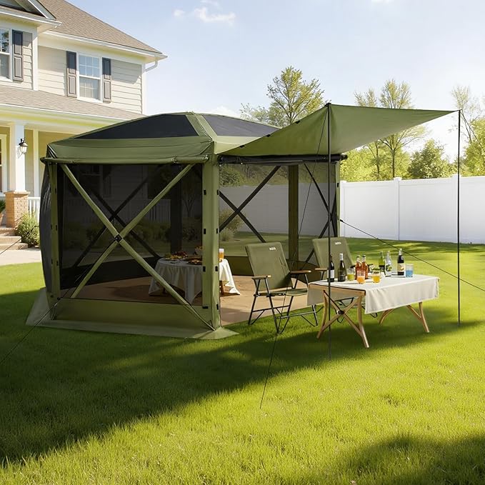 VEVOR Pop up Gazebo Screen Tent, 10 x 10 ft Large 6-Sided Camping Canopy Tent with Removable Top & Carry Bag, Quick-Set & Bite-Proof, Screen House Sun Shelter for 6-8 Persons Backyard Patio, Green