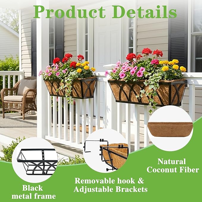 Window Deck Railing Planters Boxes with Coconut Liner, The Bottom Flat Window Boxes Planters Flower Boxes Metal Black Balcony Planter Railing Hanging for Outdoor Fence Porch Patio Lawn(4Pcs 24 Inch)