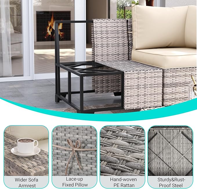 11-Piece Outdoor Patio Furniture Set with Rocking Swivel Chair Wicker Sectional Sofa Set, Patio Conversation Set with Ottomans & Coffee Table for Garden, Backyard, Poolside, White