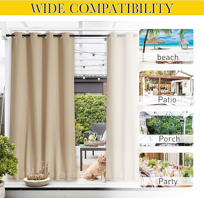 NICETOWN 2 Panels Outdoor Curtains for Patio Waterproof & Windproof, Grommet & Back Tab on Top & Bottom Weighted Drapes Keep Sun/Rain Out with Bouns Rope for Deck, Biscotti Beige, W84 x L108