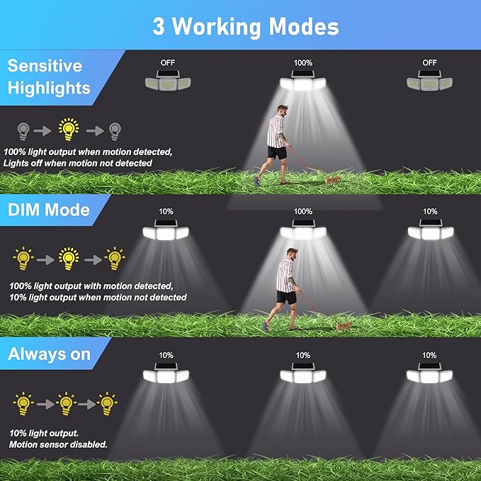 White Solar Security Light Outdoor Super Bright LED, Motion Sensor Flood Light, 3 Heads 270° Wide Angle, Remote Control, IP65 Waterproof, 3 Modes (6 Packs)