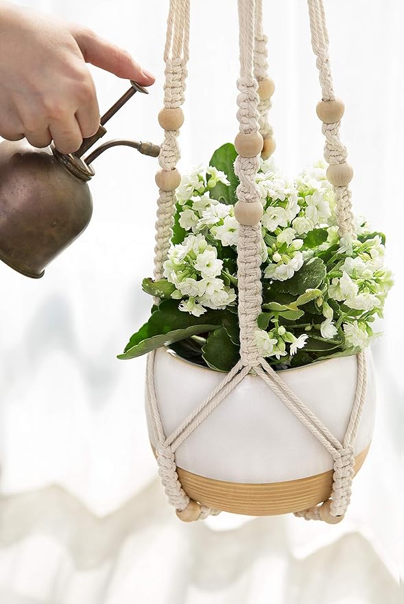 Mkono 3 Pack Macrame Plant Hangers Indoor Different Size Hanging Planter Basket Flower Pot Holder with Beads No Tasselss 43"/35"/29", Large, Ivory